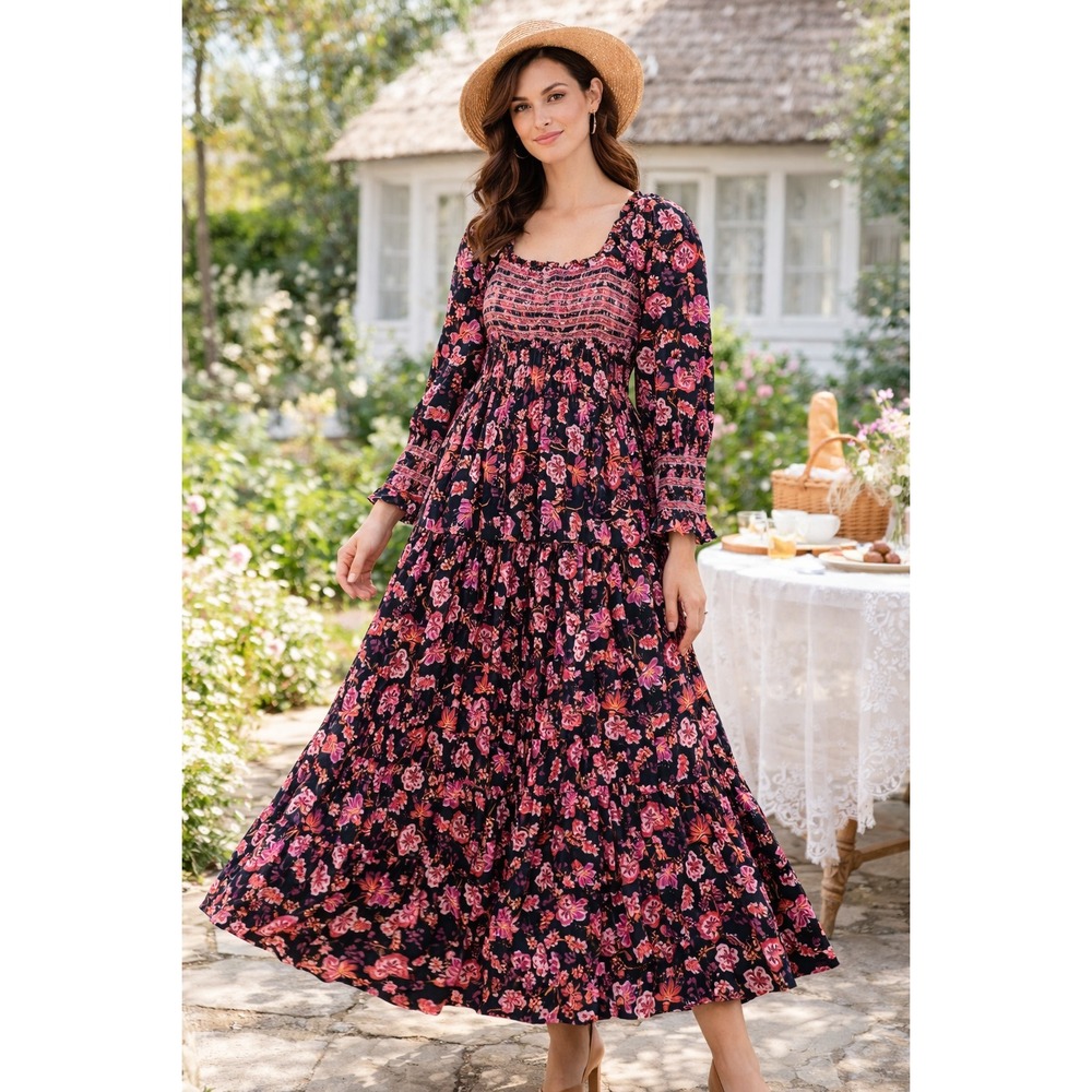 Free People Black Maxi Dress with Pink Floral Print